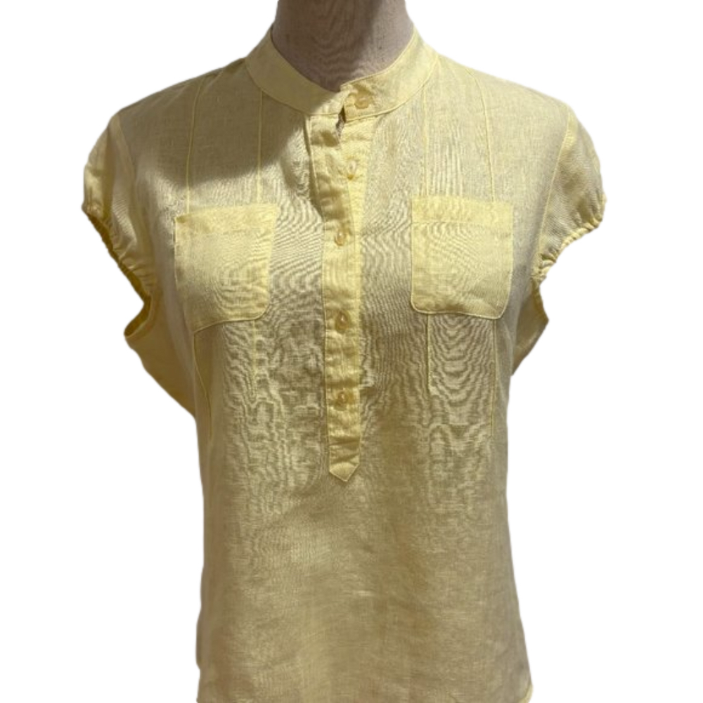 90s ALEXANDRA BARTLETT LINEN PASTEL YELLOW BOHO PUFFED SHORT SLEEVED BLOUSE SZ M - Picture 5 of 9